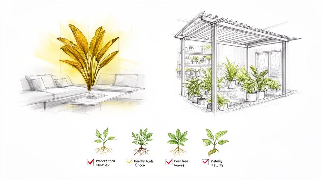 Sketches of a large golden plant in a living room, a plant nursery, and healthy plant characteristics.