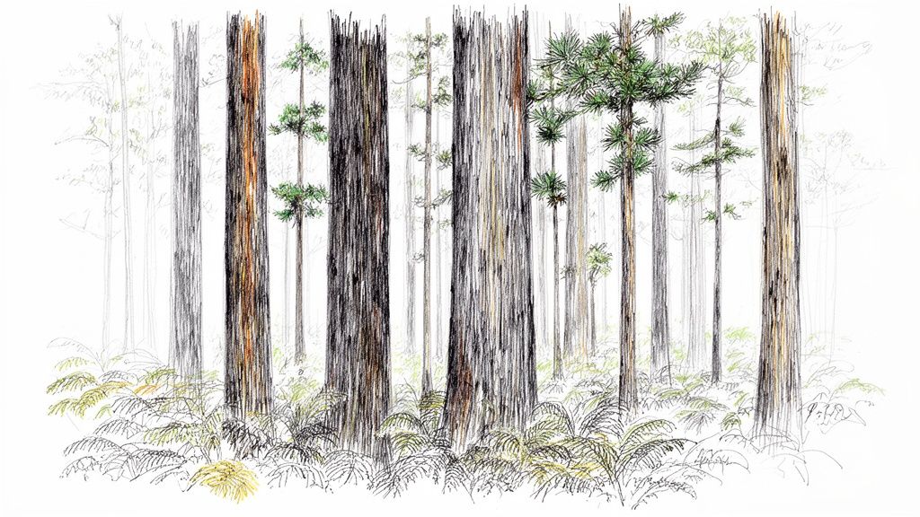 Hand-drawn illustration of a vibrant New Zealand forest with tall native trees and lush ferns.