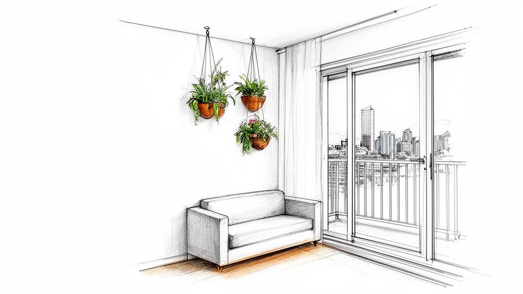 Sketch of a modern room featuring a white sofa, three hanging planters, and a city view balcony.