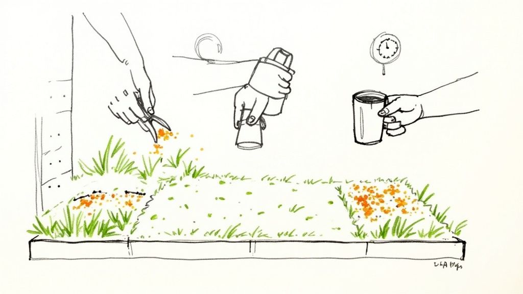 A healthy, well-maintained ground cover of green leaves fills the frame, looking lush and dense.