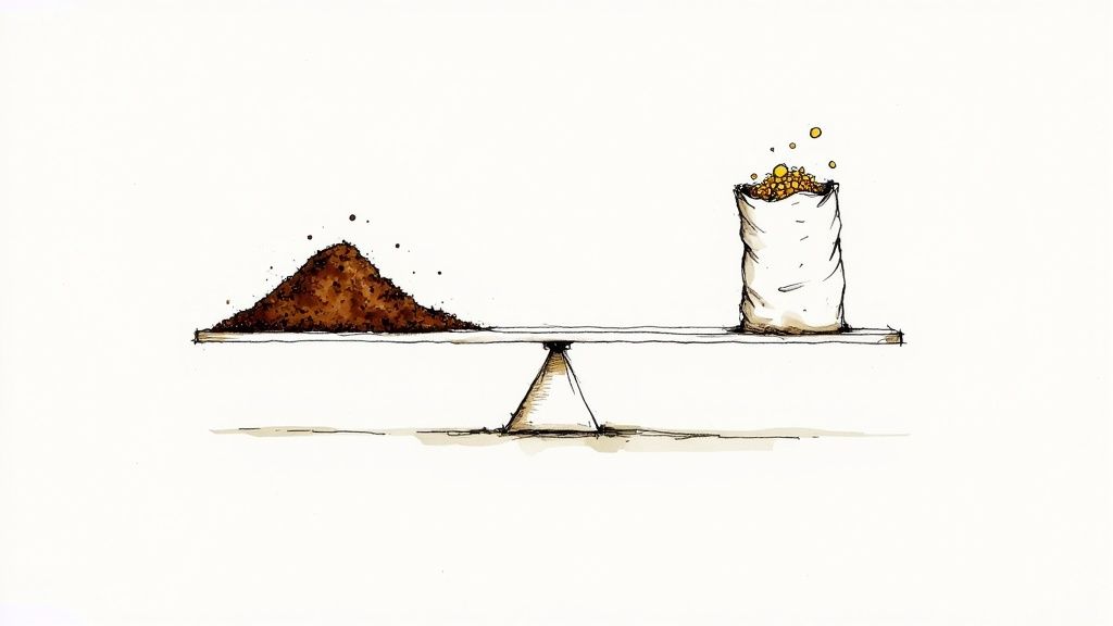 Two hands holding different types of fertilisers, one organic and one synthetic