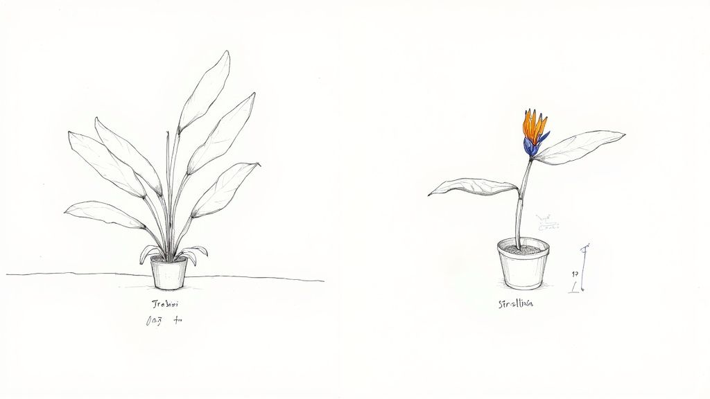 Two detailed botanical drawings of potted plants, one leafy and one featuring a Bird of Paradise flower.