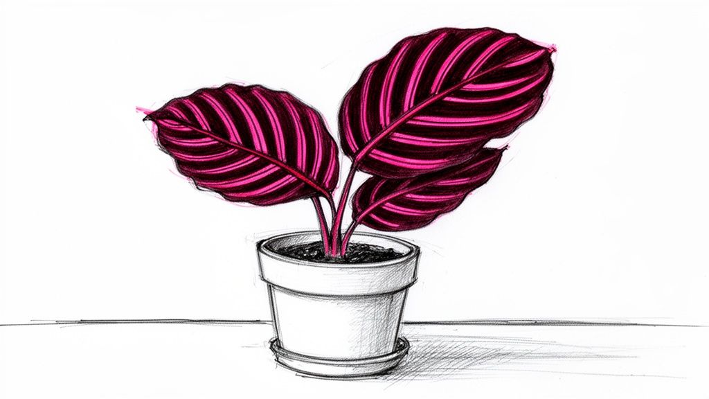 Sketch of a potted Calathea Dottie plant with dark and bright pink striped leaves.