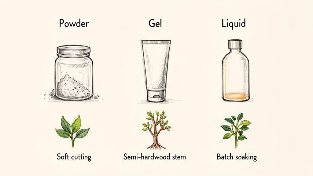 An illustration displaying powder, gel, and liquid rooting hormones with soft cutting, semi-hardwood stem, and batch soaking methods.