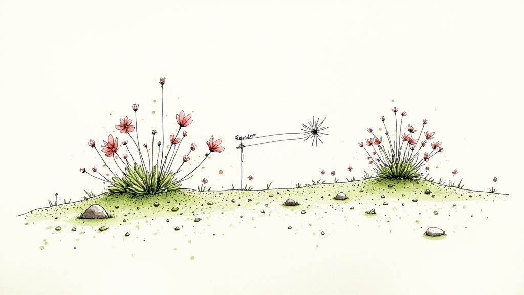 Watercolor illustration of pink flowers, green foliage, scattered rocks, and a 'Santos' sign with a star.