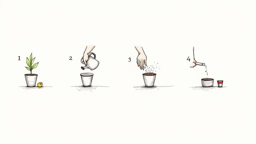 Four numbered steps illustrate plant care: a small plant, watering an empty pot, adding soil, and pouring liquid into a pot.