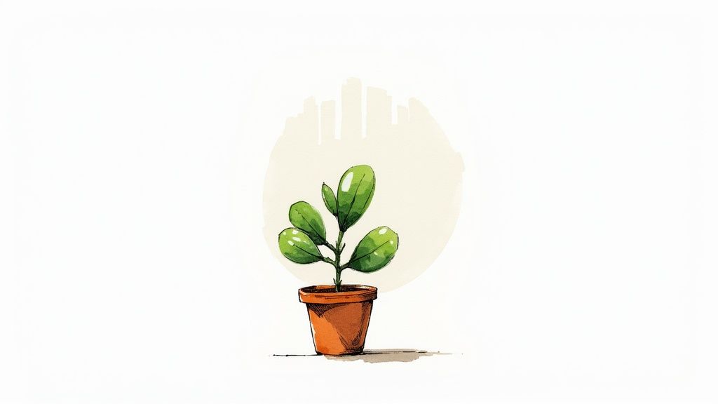 A watercolor illustration of a small green jade plant in a terracotta pot, with a faint city skyline silhouette.