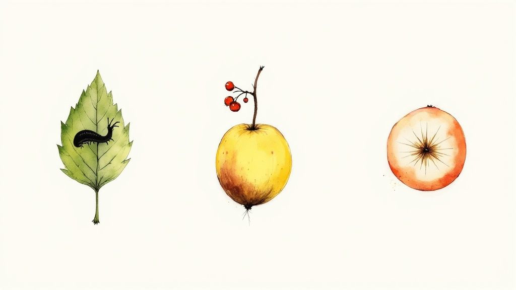 Three detailed watercolor drawings featuring natural elements: a leaf with a caterpillar, an apple with berries, and a fruit cross-section.