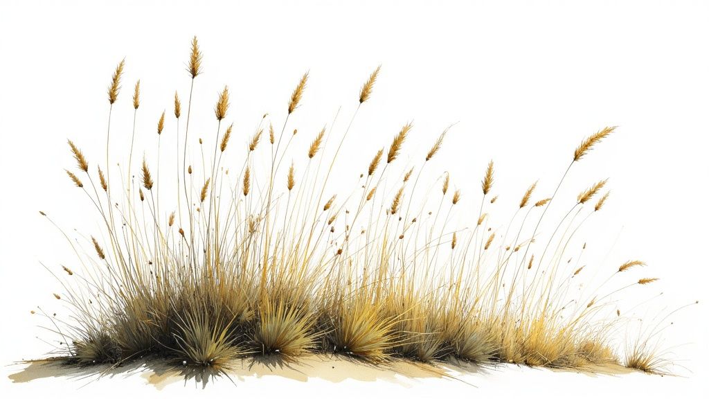 A modern garden featuring lush ornamental grasses of varying heights and colours, creating a soft, textured landscape.