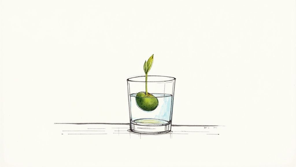A vibrant green avocado seed sprouts a seedling with leaves in a clear glass of water.