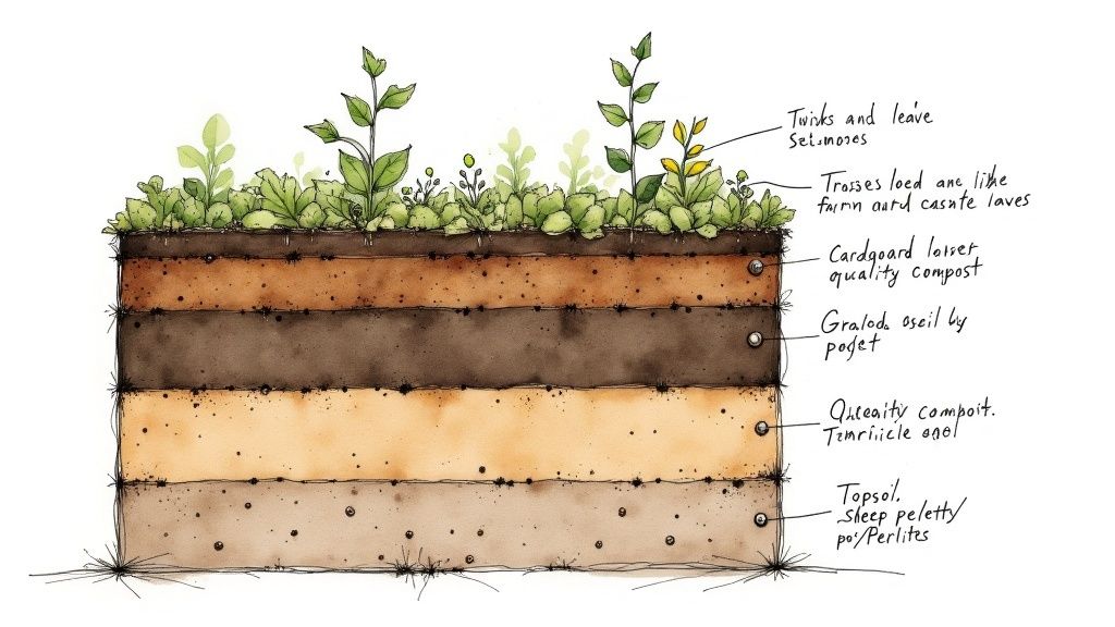 A gardener's hands mixing rich, dark soil in a wheelbarrow, ready for a raised bed.