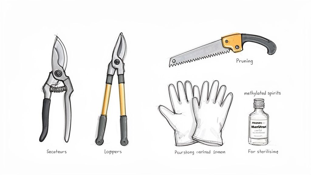 Illustration of essential gardening tools and supplies, including secateurs, loppers, a pruning saw, gloves, and methylated spirits.