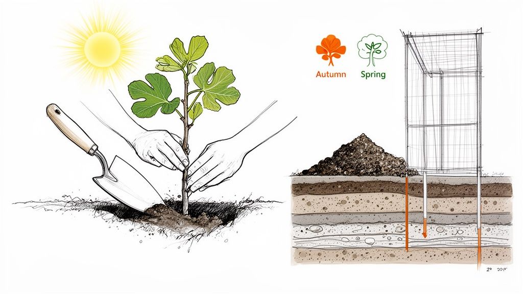 Illustration showing planting a young fig tree in sunny conditions and a cross-section of soil layers with seasonal indicators.