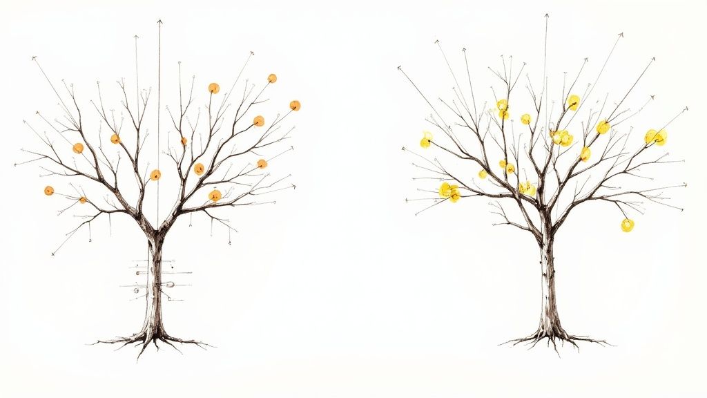 A well-structured fruit tree with an open canopy, showing the results of good pruning.