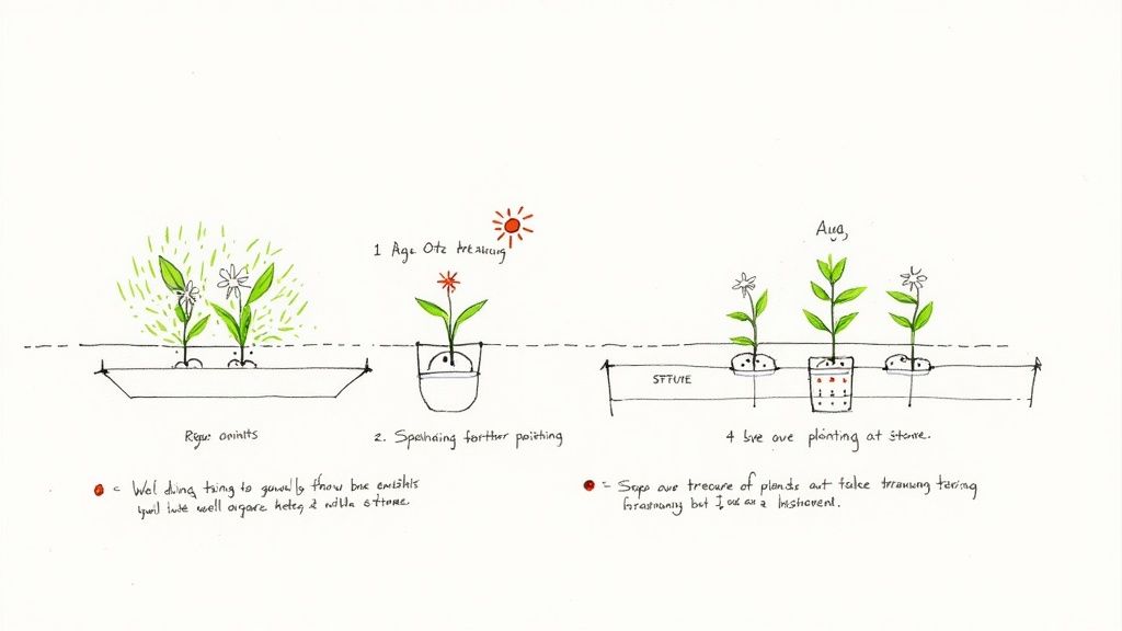 A gardener's hands planting a small roselle hibiscus seedling in rich, dark soil.