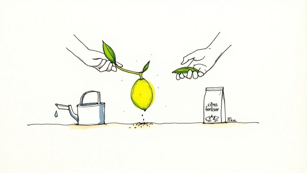 Hands planting a lemon seed with leaves, next to a watering can and citrus fertilizer.