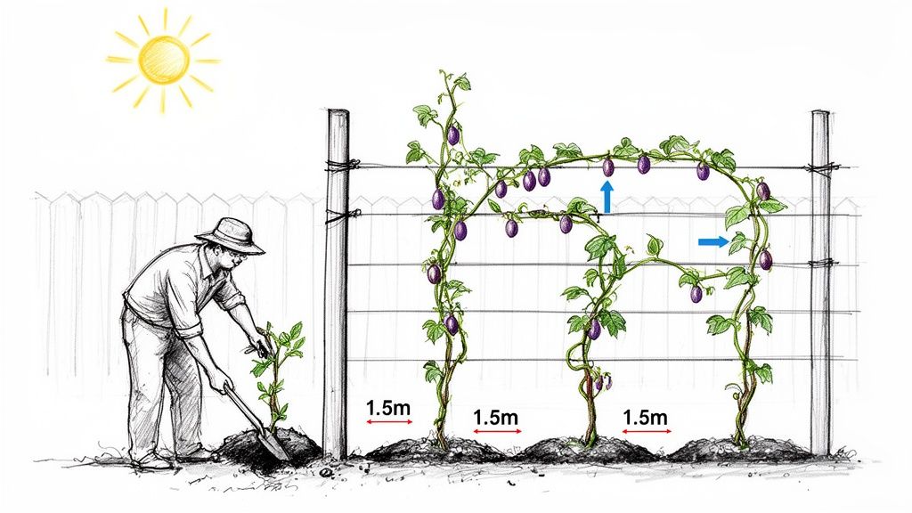 A gardener plants passionfruit vines along a trellis, showing 1.5m spacing between fruit-bearing plants.