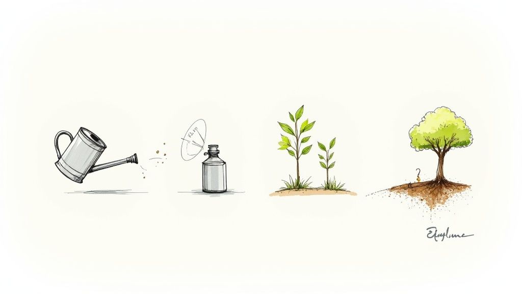 A watering can, a bottle labeled 'PLANT', two saplings, and a mature tree illustrate plant growth.