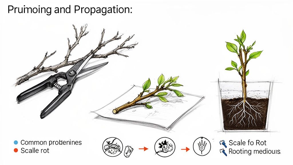 Illustration showing pruning shears cutting a branch, demonstrating plant propagation from cutting to rooted plant.