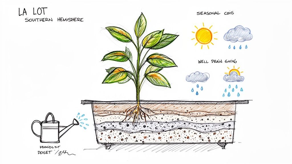 Hand-drawn illustration of a plant in a planter, showing soil layers, watering, and seasonal conditions.