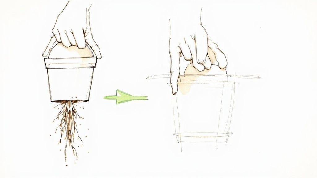 A person's hands gently placing a plant into a larger pot, surrounded by potting soil.