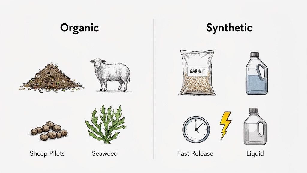 Infographic comparing organic fertilisers (compost, sheep pellets, seaweed) with synthetic granular, fast-release, and liquid options.