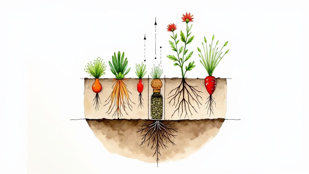 Colorful watercolor illustration showing diverse plants and extensive root systems growing in fertile soil.