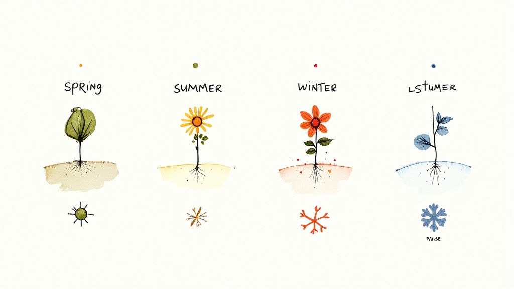 Watercolor illustrations depict a plant's growth cycle through four seasons: spring, summer, winter, and a cold, blue 'Lstumer'.
