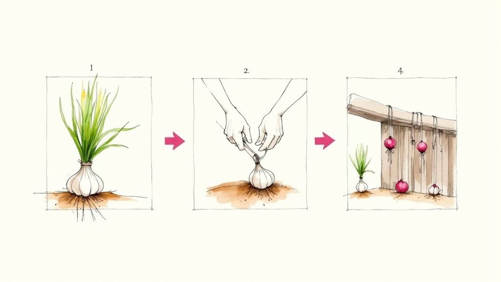 Illustrated steps showing garlic cultivation, from growing in soil to harvesting and hanging for storage.