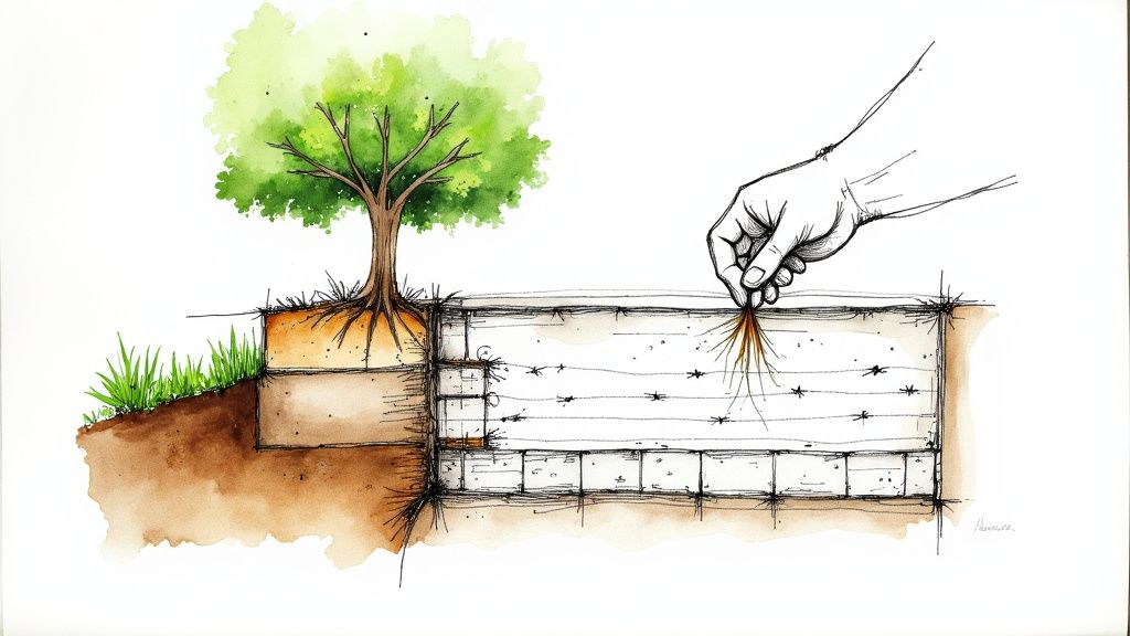 Watercolor diagram showing a tree's roots, soil, and a hand interacting with a root propagation chamber.