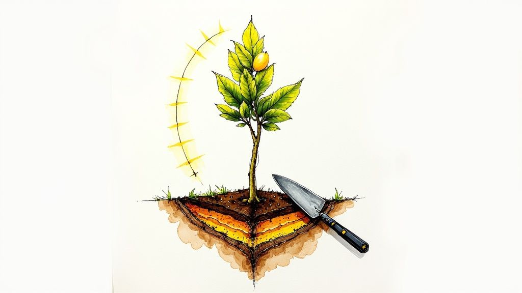 A person's hands planting a small lemon tree in a garden.