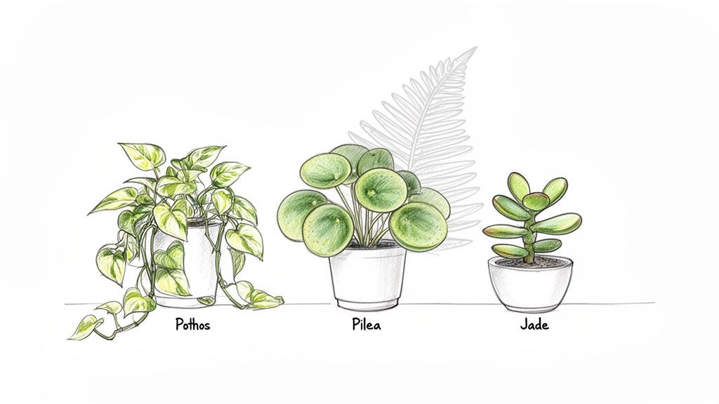 Three potted house plants, Pothos, Pilea, and Jade, illustrated with green and yellow accents.