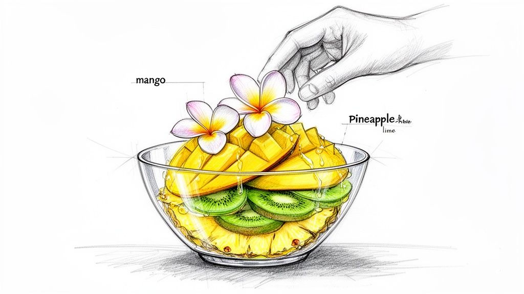 A vibrant fruit salad with mango, kiwi, and pineapple in a glass bowl, garnished with frangipani flowers.