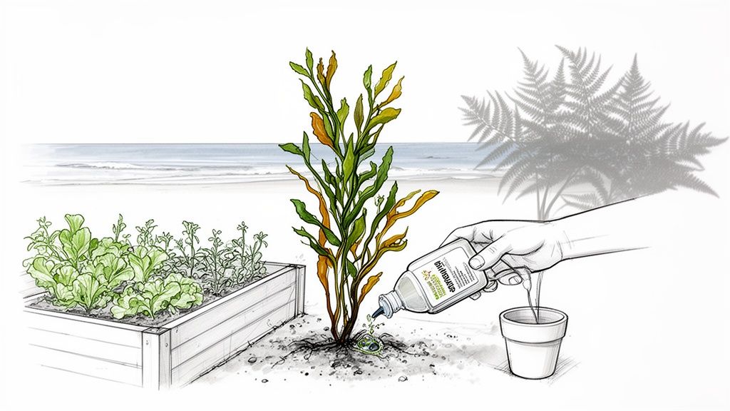 Hand applying liquid plant fertilizer to a coastal plant near a raised garden bed and beach.