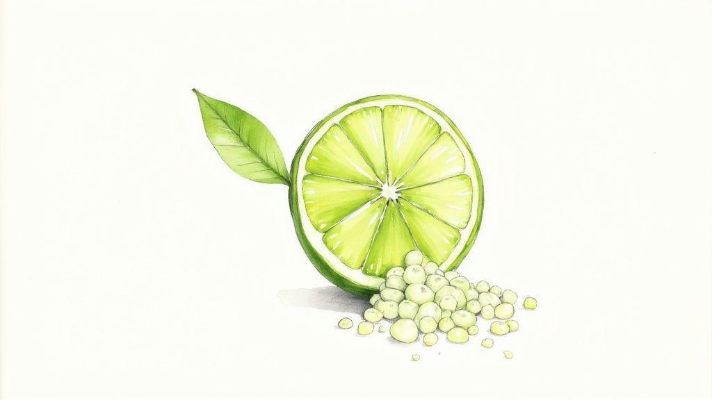 A watercolor illustration of a sliced lime with a green leaf and a pile of finger lime pearls.