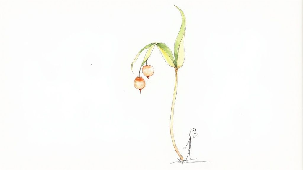 Watercolor illustration of a small person gazing at a stylized plant with hanging orange fruits.