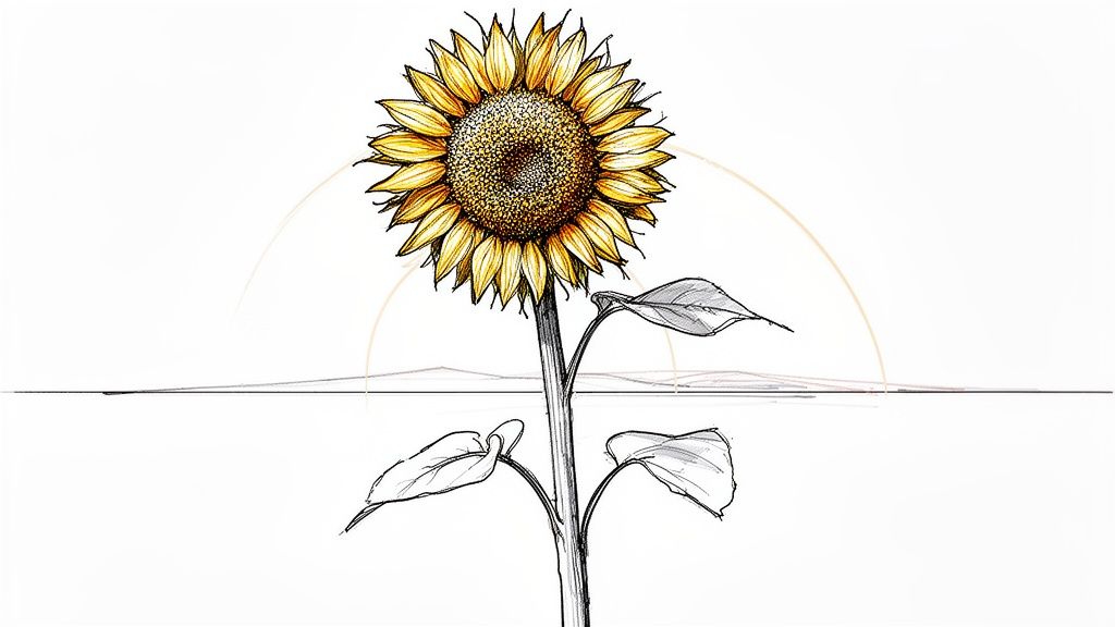 A vibrant hand-drawn sunflower with yellow petals and a detailed center, standing against a minimalist horizon.