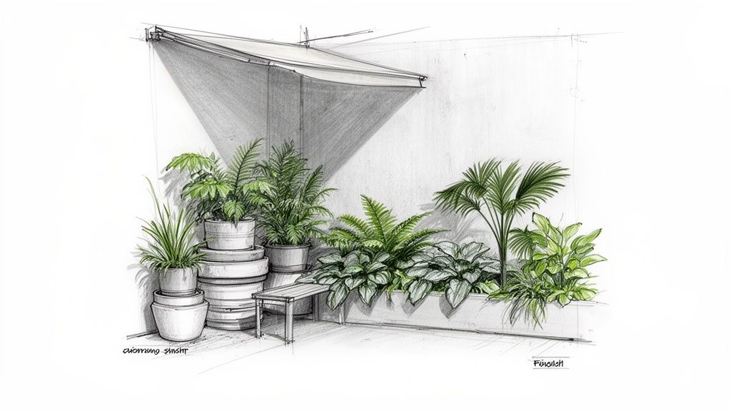A hand-drawn sketch of a shaded garden corner featuring various potted foliage plants and a small bench.