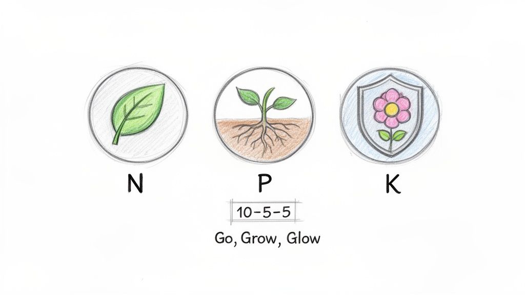 Diagram showing NPK fertilizer benefits: Nitrogen for leaves, Phosphorus for roots, Potassium for flower development.
