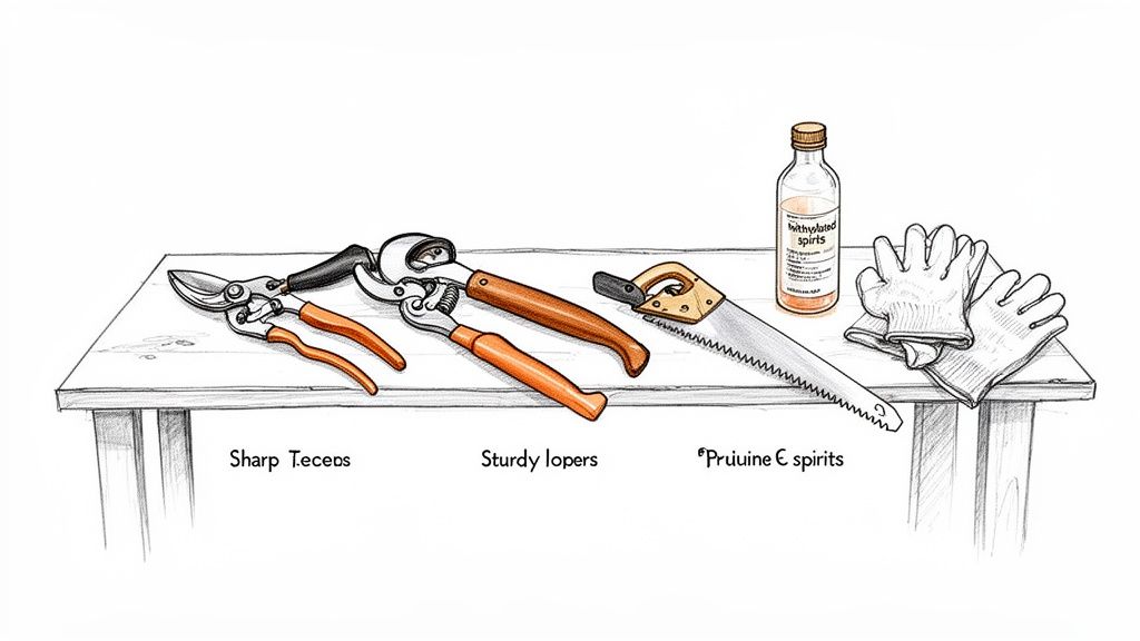 Gardening tools including pruners, loppers, a saw, methylated spirits, and gloves on a wooden table.