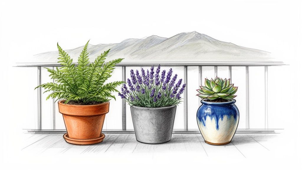 Three potted plants, including a fern, lavender, and succulent, on a balcony with mountains.