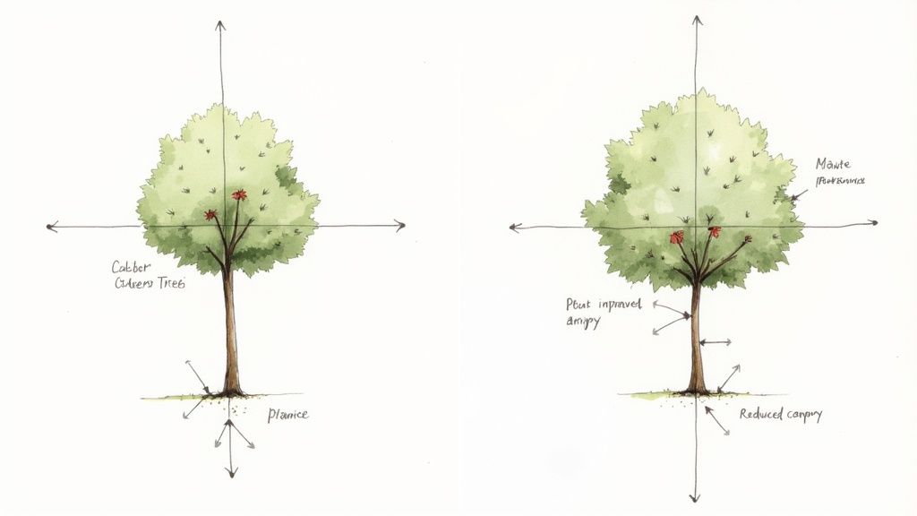 Two watercolor illustrations comparing tree structures, possibly before and after pruning, with labels.