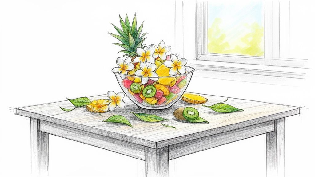 A beautiful hand-drawn tropical fruit salad with frangipani flowers on a wooden table, by a sunny window.