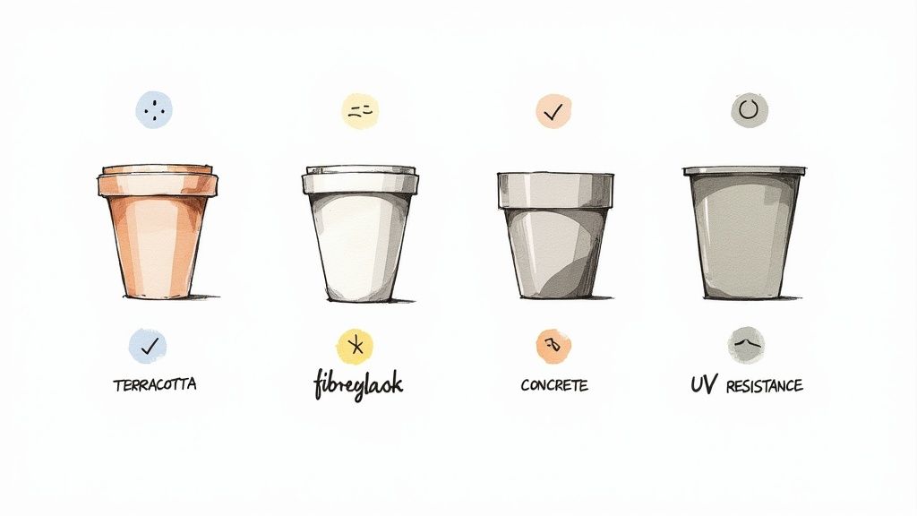 A terracotta planter pot with a plant, sitting on a wooden deck in a New Zealand garden setting.