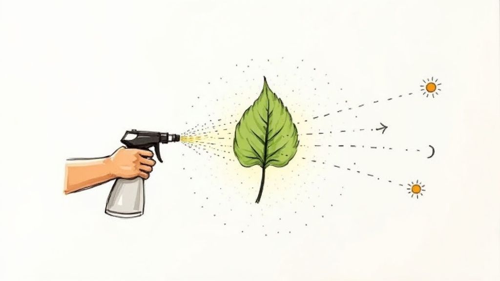 A close-up shot of neem oil being sprayed onto the underside of a plant's leaves.