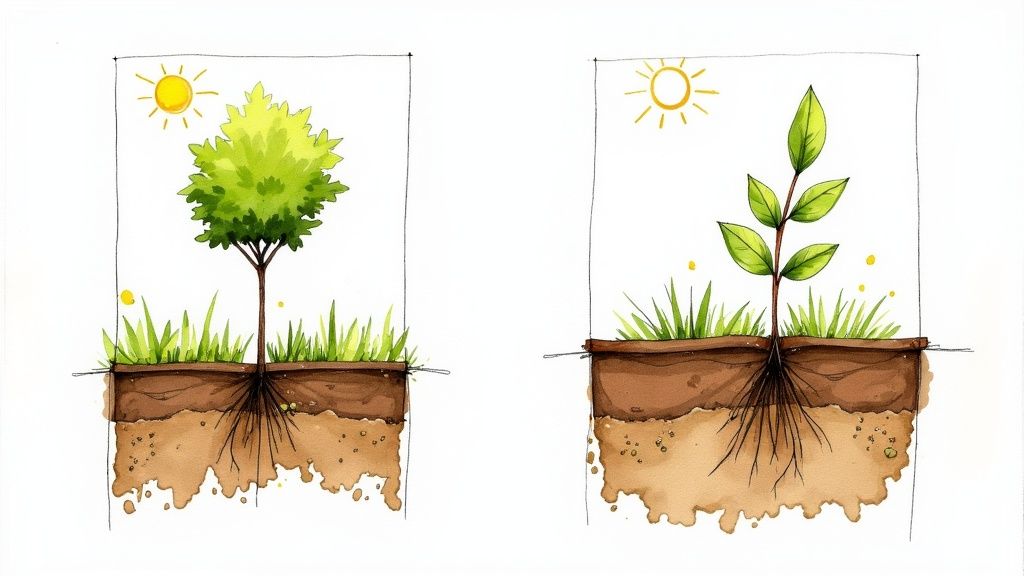 Watercolor illustration comparing a mature tree and a young plant, showing their root systems and the sun.