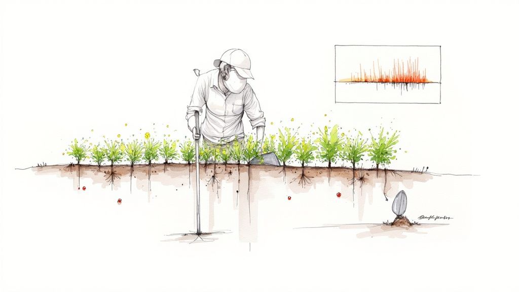 Scientist using soil probe to detect underground pests near photinia hedge with monitoring equipment display