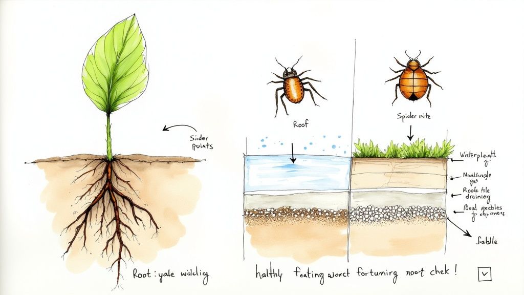 Detailed watercolor diagram illustrating plant root systems, insects, and a layered green roof drainage structure.