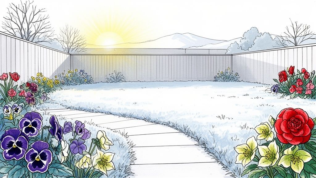 A vibrant winter garden scene with a paved path, blooming flowers in snow, a fence, and a sunrise.