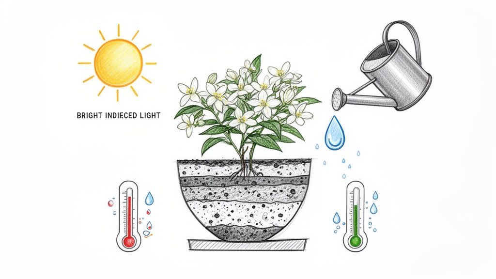 Illustration of jasmine sambac plant care, showing light, watering, and temperature needs.